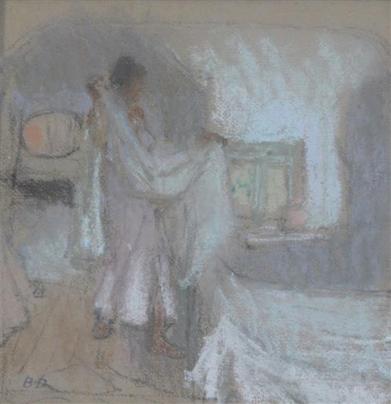 Bernard Dunstan RA (b.1920) Making the bed 7 x 6.75in.